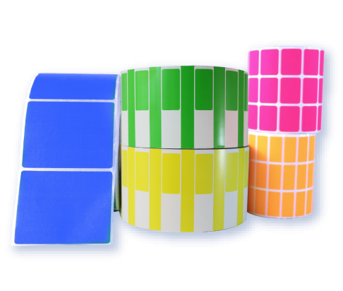 Rollos de etiquetas adhesivas fondeadas de colores de Syslabels, ideales para señalización, promociones y trazabilidad visual